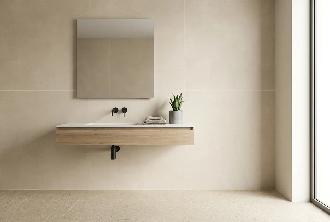 Contour Detail 60 Dune matt porcelain tile, installed in a room