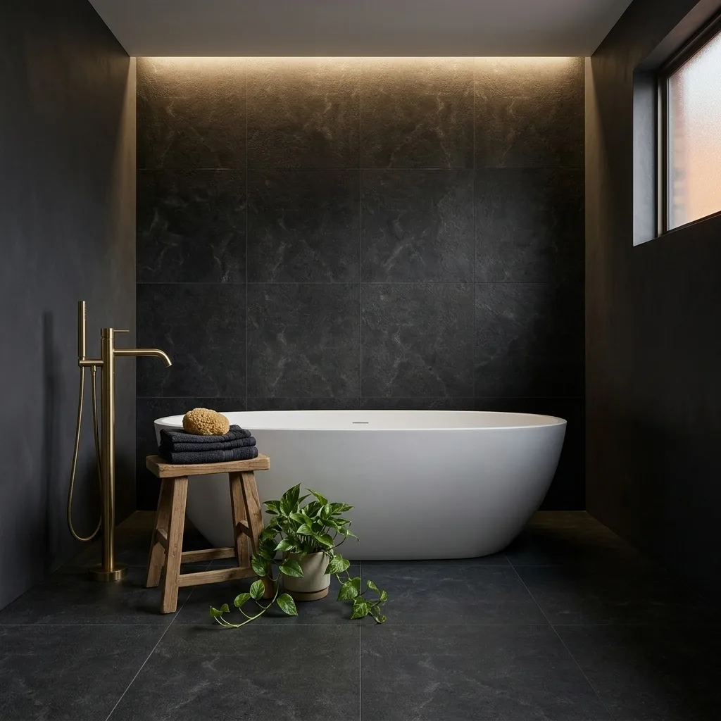 Estella 60 Midnight Amber amber (smooth) / matt in-out (textured) porcelain tile, installed in a room