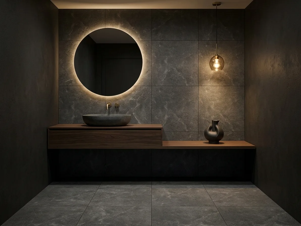 Estella 60 Obsidian Amber amber (smooth) / matt in-out (textured) porcelain tile, installed in a room
