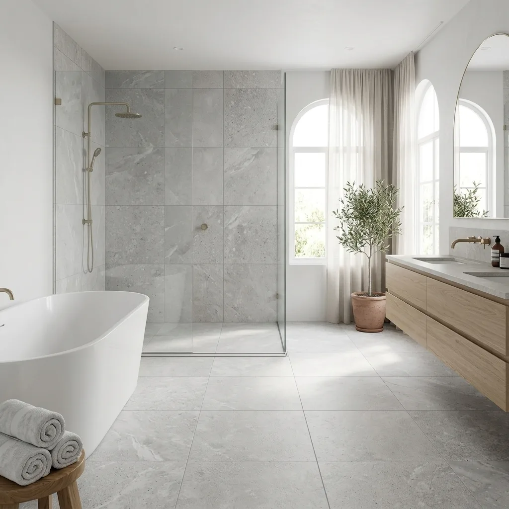 Estella 60 Pearl Amber amber (smooth) / matt in-out (textured) porcelain tile, installed in a room
