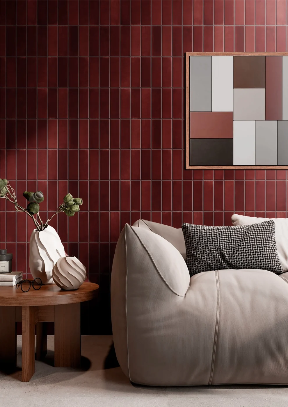 Spectra 52x160 Matt Vermilion matt porcelain tile, installed in a room