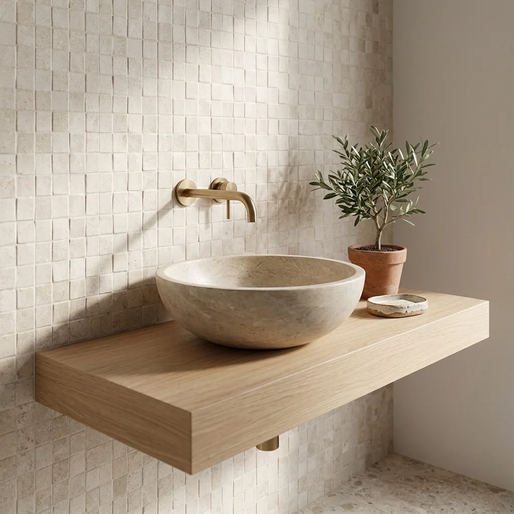 Cuadrado Feature Almond 3d matt porcelain tile, installed in a room
